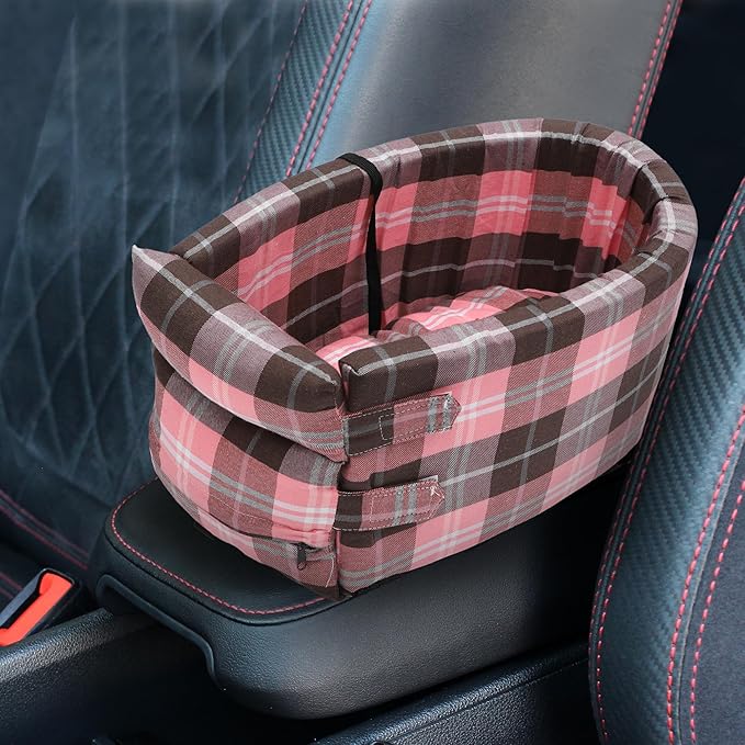 X AUTOHAUX Large Plaid Style Dog Car Seat Adjustable Straps for Medium Small Sized Puppy Cat Seat Pets Soft Non Slip Bottom Travel Bed Gray Pink