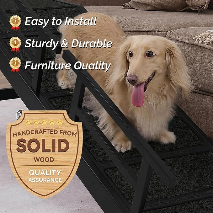 Dog Ramp for Bed or Couch, Wooden Pet Ramp with 20° Gentle Slope, Removable Side Rails, Non-Slip Surface, Top Platform & Wheels, Safe Bed Ramp for Small, Medium & Senior Dogs, 60" Long, Black