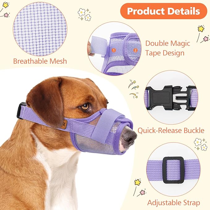 Coppthinktu Soft Dog Muzzle, Breathable Mesh Muzzle for Small Medium Large Sized Dog Mouth Cover, Adjustable Muzzles to Prevent Biting Barking Dogs Mouth Cover Allows Drinking (Purple M)