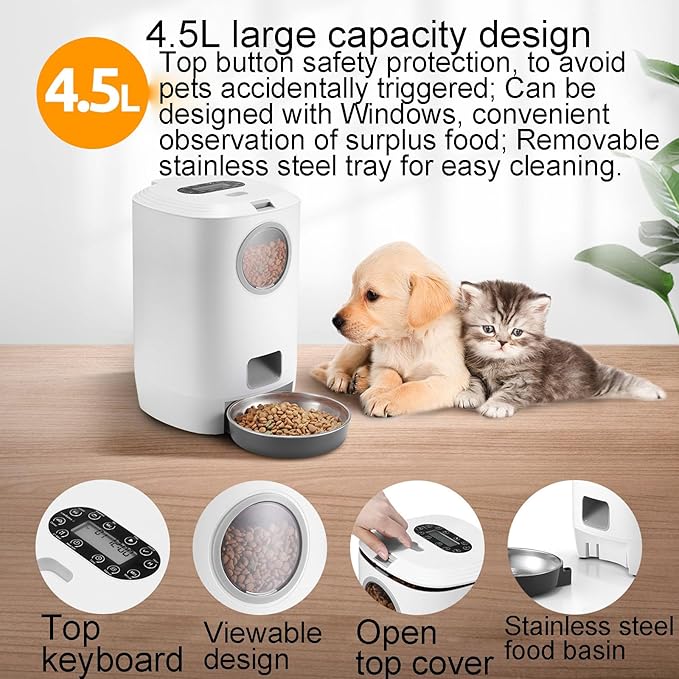 Automatic Pet Feeder with Stainless Steel Food Bowl, Dual Power Supply, Intelligent Timed Ration Feeding, Suitable for Cats and Dogs