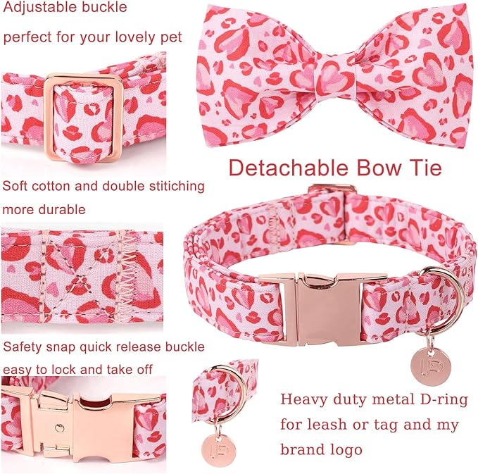 Valentine’s Day Dog Collar with Bow Tie, Pink Heart Bowtie Collar with Metal Buckle, Valentine’s Day Gift Pet Collar for Puppy Girl Boy Dog or Cat, Wedding Dog Collar, L, Neck 16-24in