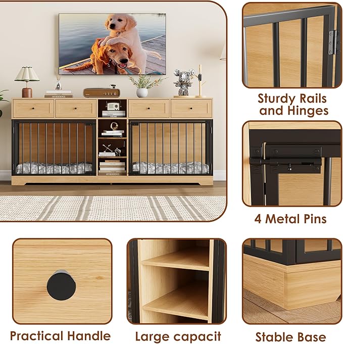 IDEALHOUSE 82” Large Dog Crate for 2 Dogs, Dog Kennel Indoor with 4 Drawers and Shelves, Double Dog Crate Furniture TV Stand, Wooden Dog Cage for Medium Large Dogs, Natural