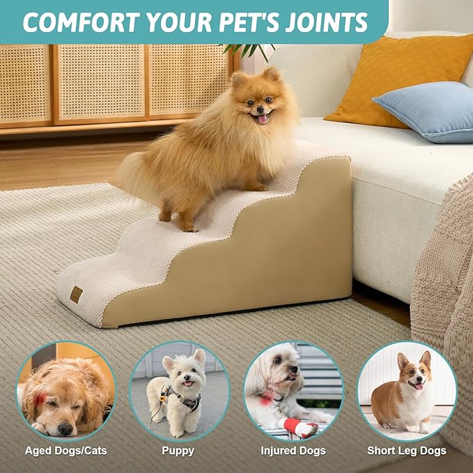 Dog Stairs for Small Dogs 15.7" H, 4-Step Sturdy Foam Dog Steps for Couch or Sofa, Curved Pet Stairs for Puppy and Older Cat, Doggie Ladder with Washable Cover, 15.7x28.3x15.7 inch, Beige