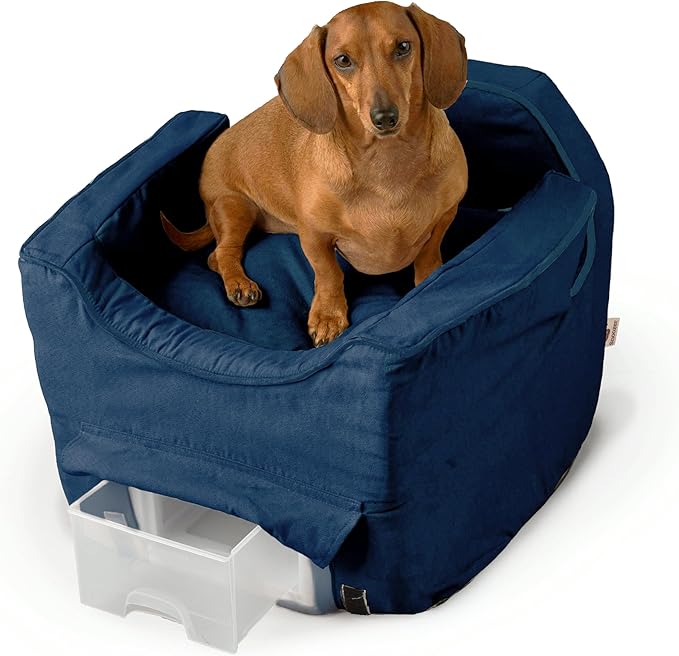 Snoozer Dog Car Seat with Storage Tray: Lookout II Dog Booster Car Seat for Pets up to 18lbs, Helps Alleviate Travel Sickness & Fear for Dogs, Removable Washable Cover – Sapphire, Size Small