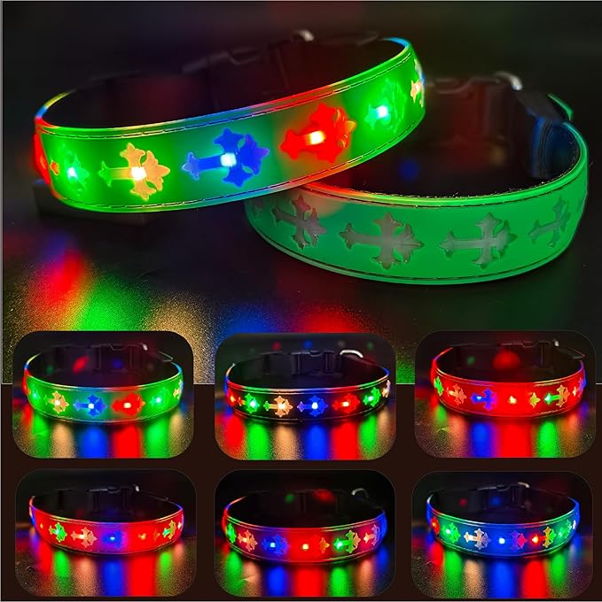 LED Dog Collar, USB Rechargeable, 15 Light Modes, Multi-Color Cross Pattern (Green Pro, M(11.8-15.7"))