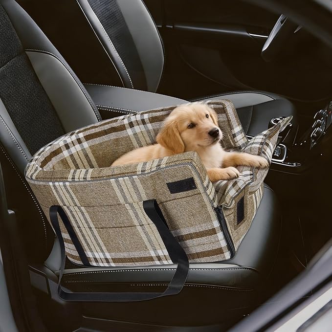 Garvee Center Console Pet Booster for Small Dogs | Portable Travel Restraint with Soft Washable Cushion & Safety Tether - Supports Pets Up to 13 lbs (Gray)
