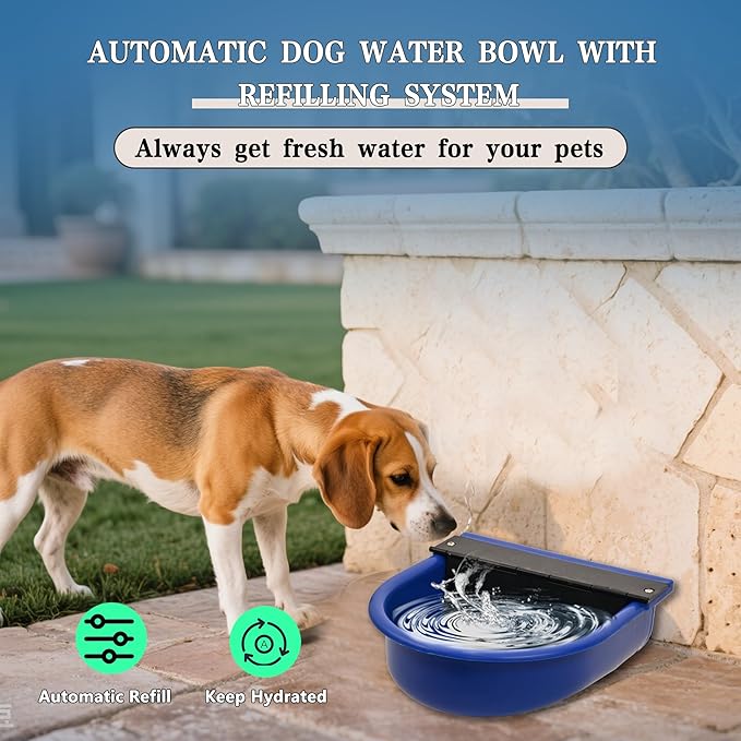 Automatic Water Dispenser for Dogs with Drain Hole & Drain Valve, 1 Gallon Auto Dog Water Bowl Outdoor with Float Valve, Hose Quick Connect Fitting, for Livestock, Chicken, Horse (Blue)
