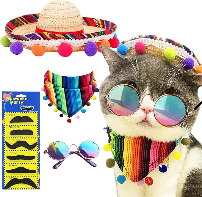 Multicolor Cinco De Mayo Cat Bandana & Dog Triangle Bib - 9 PCS Mexican Pet Bandanna Sunglasses, Sombrero Hat & Mustache Decorations