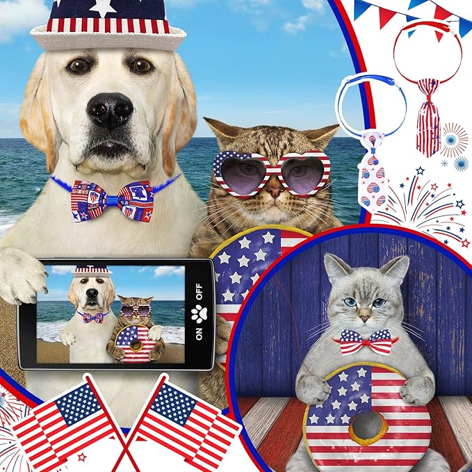 Eccliy 120 Pcs 4th of July Patriotic Dog Bow Ties Independence Day Red White Blue Bow Ties Dog Collars American USA Memorial Day Patriotic Bowties Neckties Adjustable Basic Pet Collars Accessories