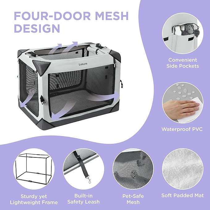 Lesure Collapsible Dog Crate - Portable Travel Kennel for Small Dog, 4-Door Pet Crate with Mesh Windows, Indoor & Outdoor, Charcoal Gray