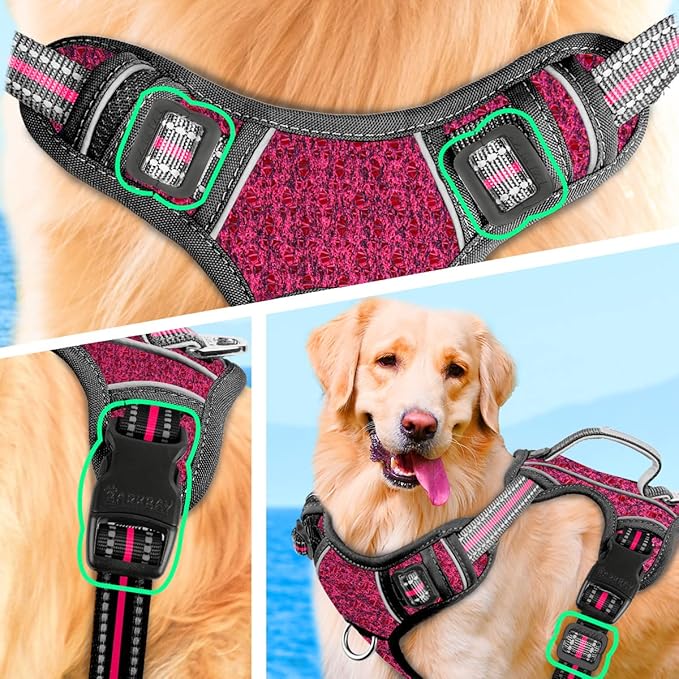 BARKBAY No Pull Dog Harness Large Reflective Dog Harness with Front Clip and Easy Control Handle for Walking Training Running with ID tag Pocket(Pink/Black,S)