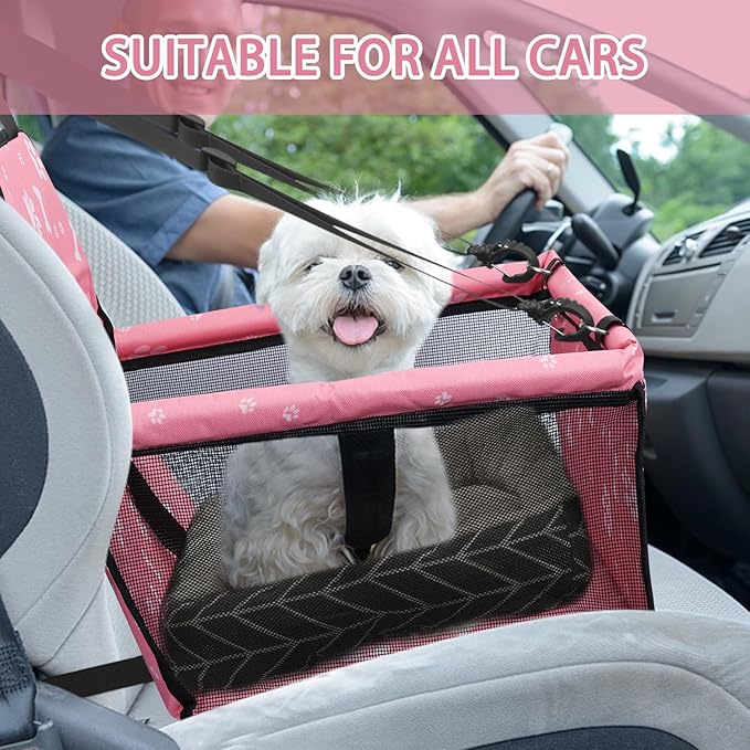 PetsHome Dog Car Seat Foldable Dog Car Booster Seat Waterproof Breathable Oxford Travel Bag for Small to Medium Dogs, Puppies, and Pets-Pattern Pink+Mat