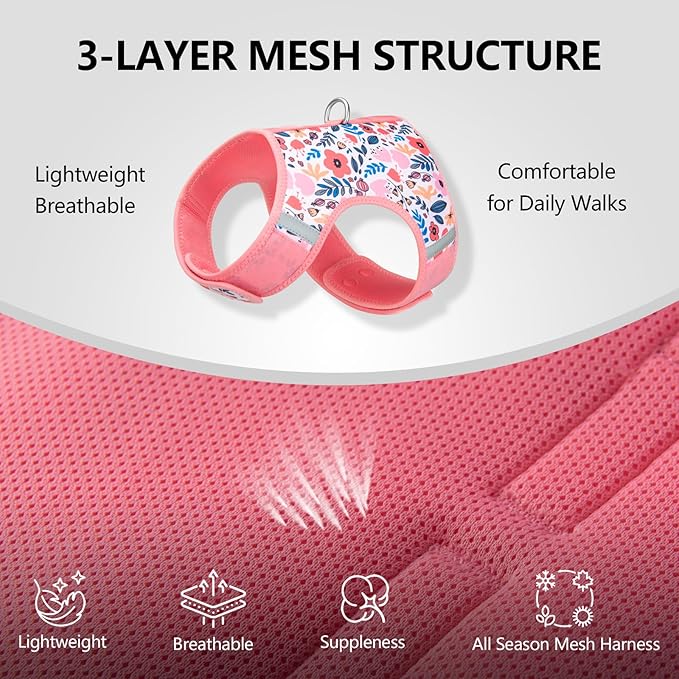 Dog Harness for Small Sized Dog,Hook-and-Loop Easy On/Off, Reflective Adjustable Soft Mesh Vest for Puppy (Pink Floral Print,XXXS)