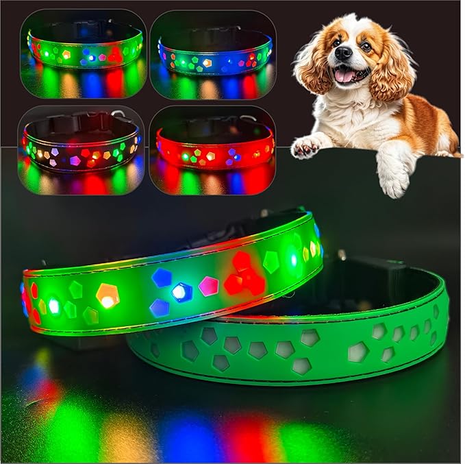 customerlized Personalized Dog Collar USB Rechargeable, Waterproof airtag Holder LED Light Up Dog Collar Adjustable Soft Silicone Collar for Medium Large Dogs (Green PRO, S(7.87-11.8"))