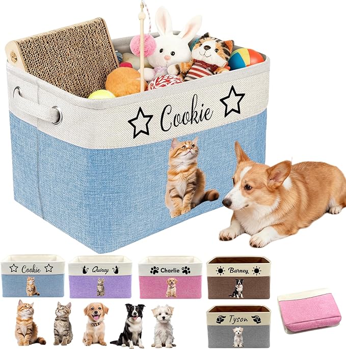 Personalized Dog Toy Basket with Name Photo Custom Cat Storage Organizer Box Collapsible Pet Chest Bins Customized for Toys Clothing-Blue