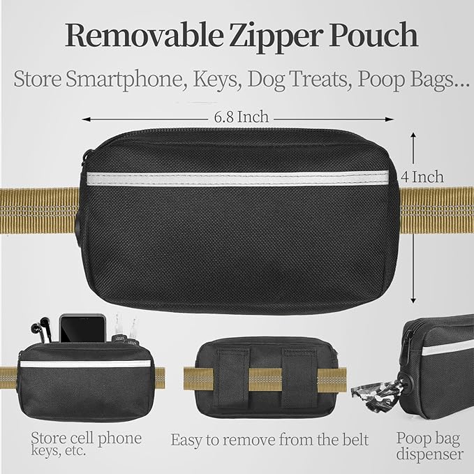 iYoShop Hands Free Dog Leash with Zipper Pouch, Dual Padded Handles and Durable Bungee for Walking, Jogging and Running Your Dog (Large, 25-120 lbs, Khaki)