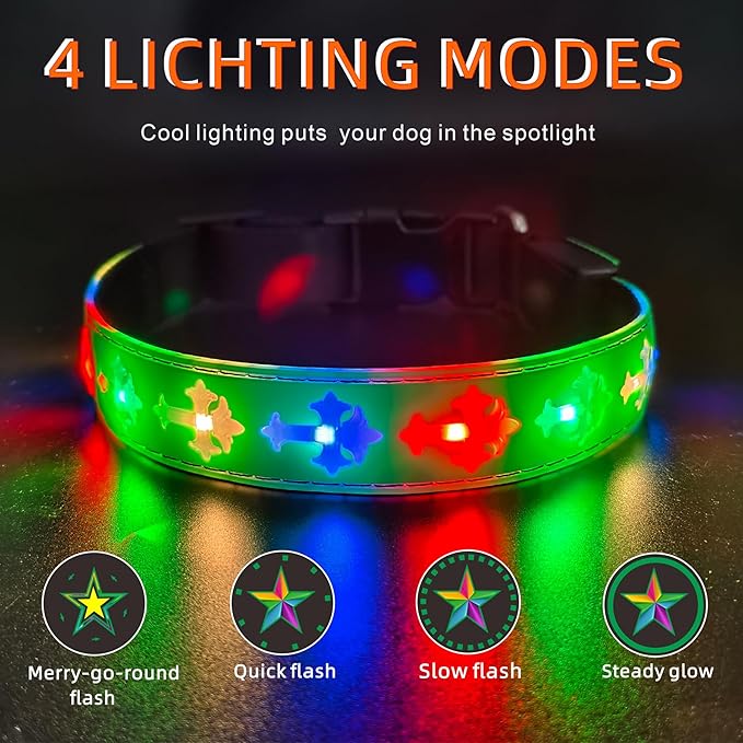 Personalized USB-C led Light up Dog Collar with Airtag Holder, IPX7 Waterproof,15 Modes Changing Multicolored Lighting (Green Pro, M(11.8-15.7"))