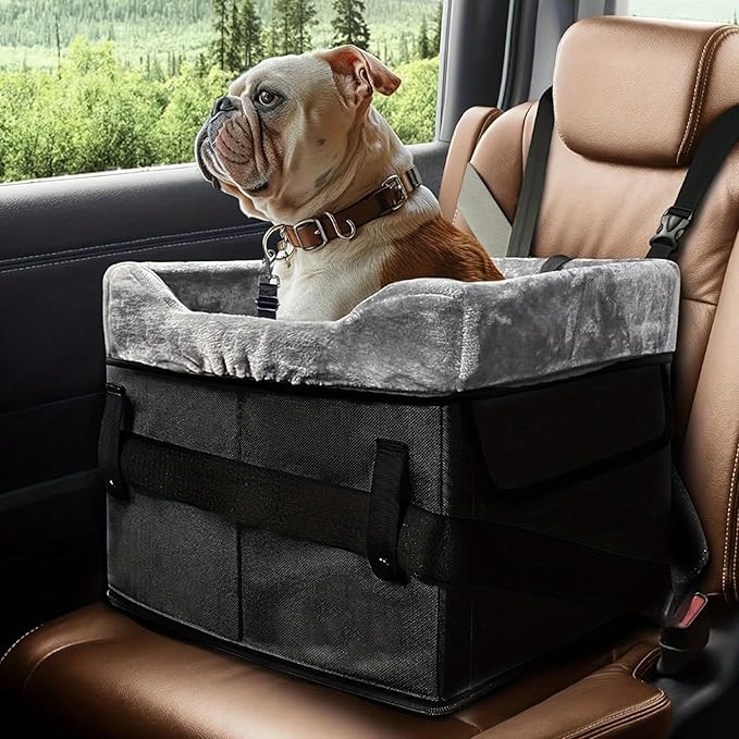 Portable Puppy Booster, Washable Car Seat for Dogs, Plush Travel Lounger with Storage Pockets, Comfortable Vehicle Bed for Small Dogs, Pet Car Seat with Soft Cushion Pet Gear for Front Back Center