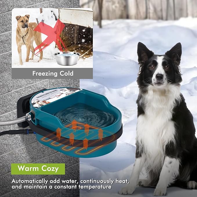 Heated Automatic Dog Water Bowl Outdoor Large Breed Heated Waterer with Float Valve Wall Mounted Pet Thermal-Bowl Winter Livestock Water for Dogs Chicken Horse Cat