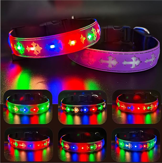 LED Dog Collar with ID Tag Set, Glowing Cross Pattern, Multiple Colors, Silicone Material (Purple Pro, L(15.7-19.7"))