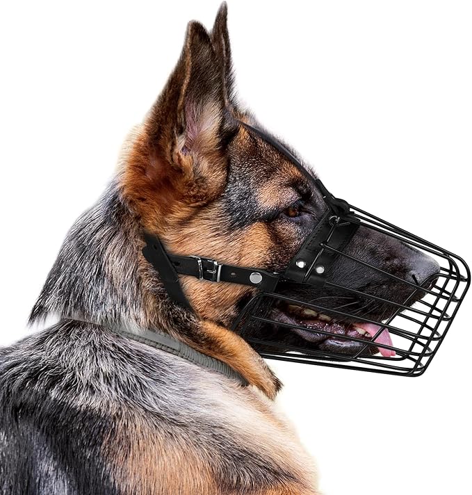 German Shepherd Dog Muzzle Metal Basket for Medium Large Dogs Adjustable Durable Leather Straps Secure Wire Mask for Biting Chewing Barking (M - Size)