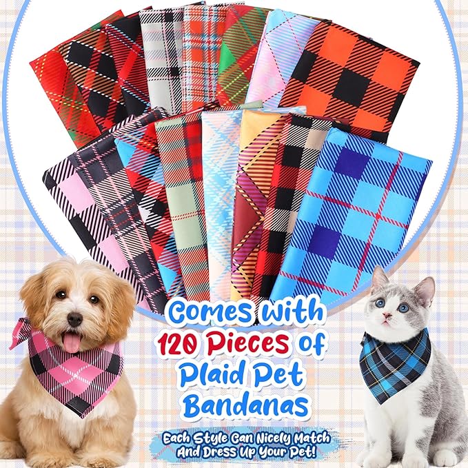 Amylove 120 Pcs Dog Bandanas Bulk Holiday Triangle Dog Pack Puppy Kerchief Bandana Adjustable Pet Scarf for Pet Cat Costume Accessories Decor(Plaid)