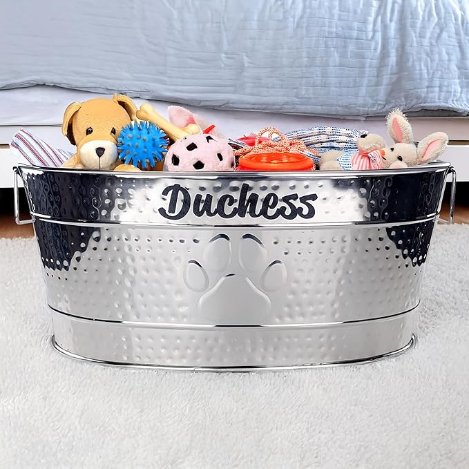 BREKX Personalized Metal Dog Toy Box - StainIess SteeI Storage Bin with Handles, Basket for Pet Toys, Dog Toy Box, Pet Storage - Custom Dog Name Gift