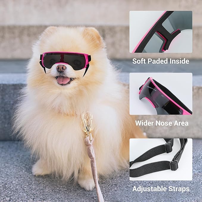 LESYPET Dog Sunglasses for Small Breed, UV Wind Dust Protection Dog Goggles for Pet Outdoor Driving Riding, Pet Glasses Eye Wear with Adjustable Strap, Pink