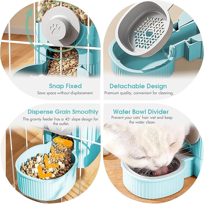 Yummy Sam Hanging Cage Automatic Small Pet Food Bowl Water Bottle Dispenser, Detachable Auto Gravity 1.2L Self-Feeding Feeder and 0.52L Waterer Set Kennel Feeding Station for Puppy Cats(Sky Blue)