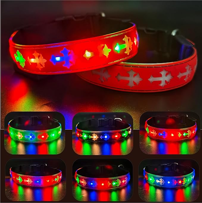Personalized USB-C led Light up Dog Collar with Airtag Holder, IPX7 Waterproof,15 Modes Changing Multicolored Lighting (RED Pro, XL(19.7-23.6"))