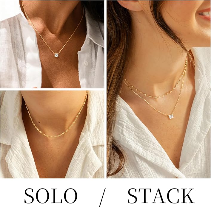 TONTMY STUDIOS Layered Gold Necklace for Women 14K Gold Plated Small Dainty CZ Pendant Layering Gold Necklaces Set Simple Chain Choker Necklace Trendy Jewelry for Women Gifts