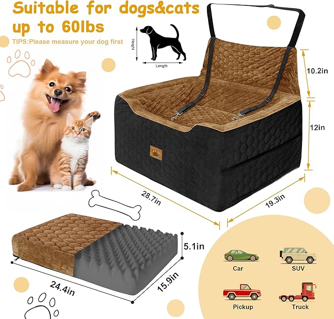 Dog Car Seat for Medium/Large Dog Booster Seat Under 60 lbs or 2 Small Dogs, Multi-Functional Pet Car Seat with Thick Cushion, 2 Safety Leashes(BlackBrown)