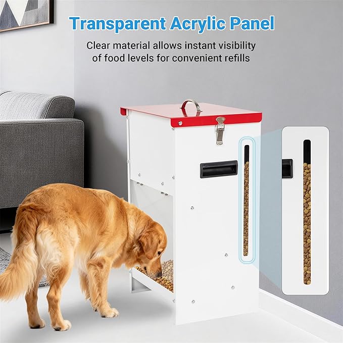 Heavy-Duty Metal Dog Feeder - 15LBS Food Capacity Automatic Gravity Dispenser, Powder Coated & Waterproof for Indoor & Outdoor Use, 10.2" L x 8.3" W x 19" H, Red and White