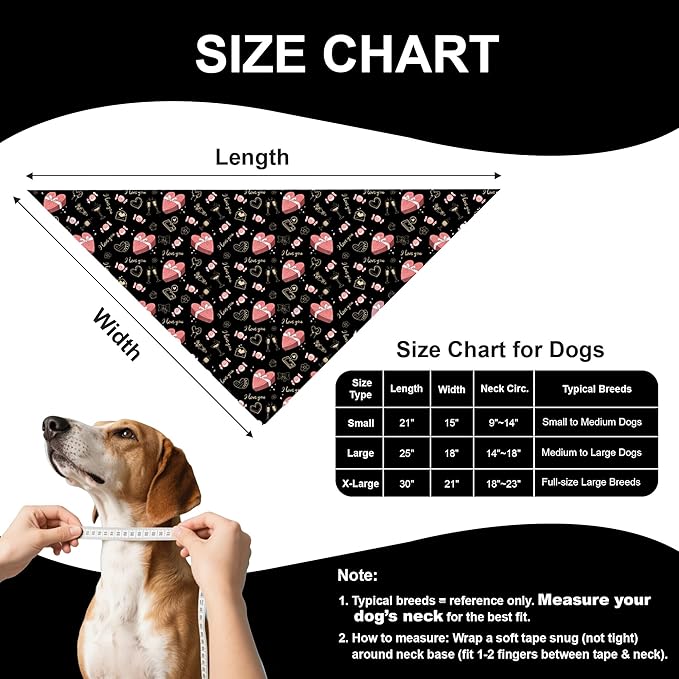 Valentine’s Day Dog Bandana for Small to Medium Dogs - Reversible Black Red Hearts Candy Print Scarf, Cute Pet Accessory for Valentine Gift