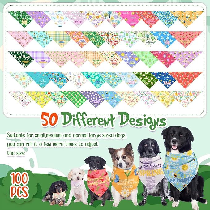 Sweetude 100 Pcs Plaid Dog Bandanas Bulk Paw Print Dog Scarf Bibs Puppy Pet Bandanas with Captions Adjustable Cat Outfit Washable Triangle Scarf Kerchief for Small to Medium(Spring)