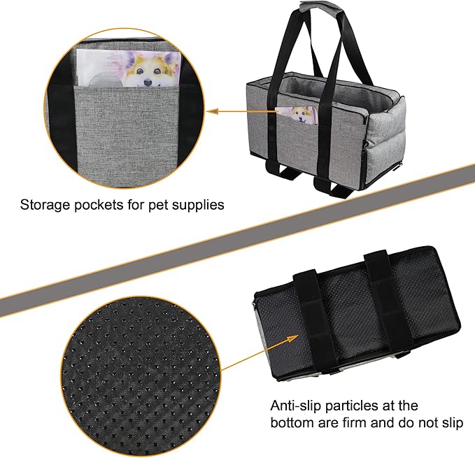 Pet Safety Booster Seat, Center Console Car Seat for Small Dogs Cats, Puppy Armrest Booster Seat, Pet Washable Travel Armrests Bed Bag, Removable Dog Car Seat for Small Pets Up to 13 Lbs (Grey)