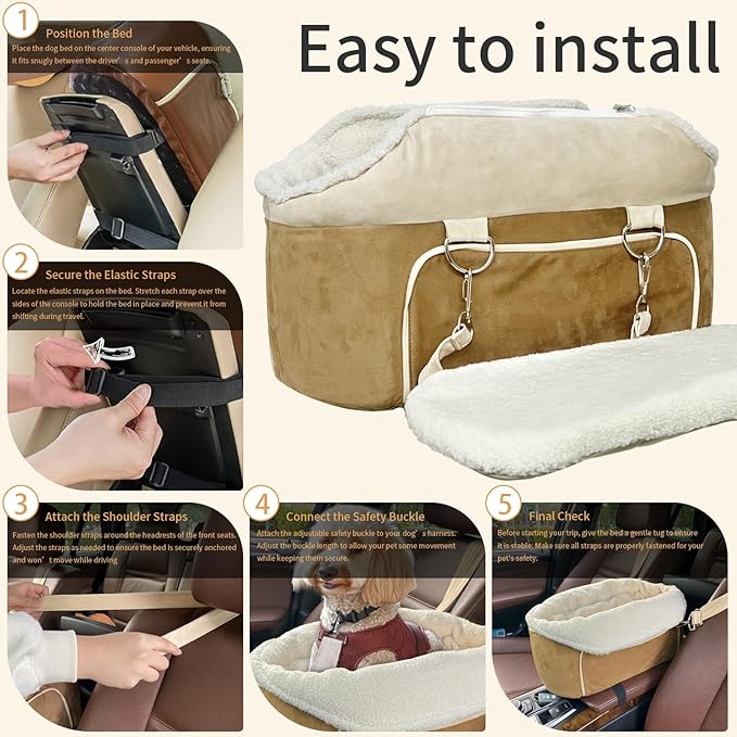 Console Dog Car Seat for Small Dogs – Portable Booster Seat with Safety Belt, Non-Slip Base, and Storage Pockets, Fits Dogs Up to 11lbs (Brown Frosted Velvet, Small)