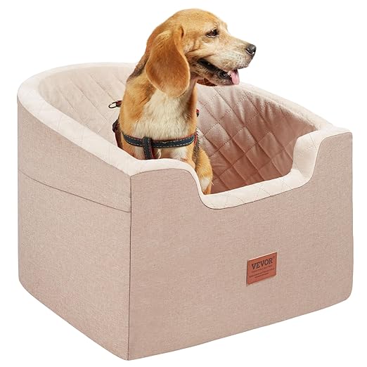 VEVOR Dog Car Seat, Waterproof Dog Booster Seat for Car with a Storage Pocket, Clip-On Safety Leash and Sponge Filling, Pet Bed for Small & Medium Dogs up to 55lbs, Brown