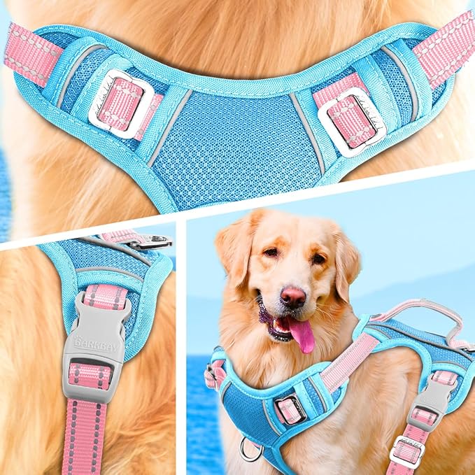 BARKBAY No Pull Dog Harness Large Reflective Dog Harness with Front Clip and Easy Control Handle for Walking Training Running with ID tag Pocket(Baby Blue & Baby Pink,M)