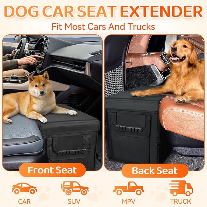 Car Seat Extender for Dogs, Backseat & Frontseat Extender for Large Dog up to 200 LBS, Foldable Seat Gap Filler for Most Cars with Detachable Lid