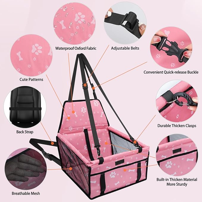 PetsHome Dog Car Seat Foldable Dog Car Booster Seat Waterproof Breathable Oxford Travel Bag for Small to Medium Dogs, Puppies, and Pets-Pattern Pink+Mat