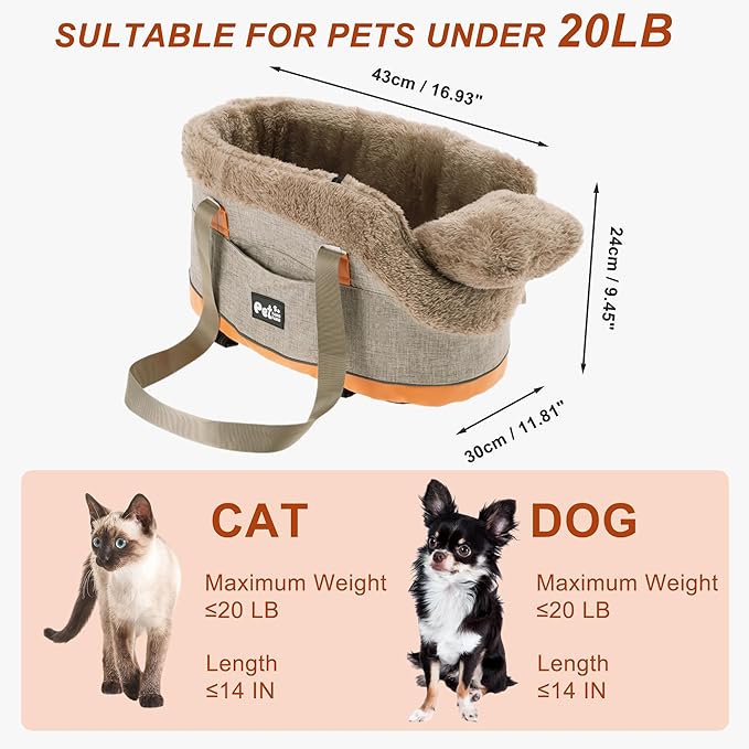 Console Dog Car Seat - Portable Booster for Small Pets, Detachable Washable Front Seat, for Cats and Dogs, Khaki