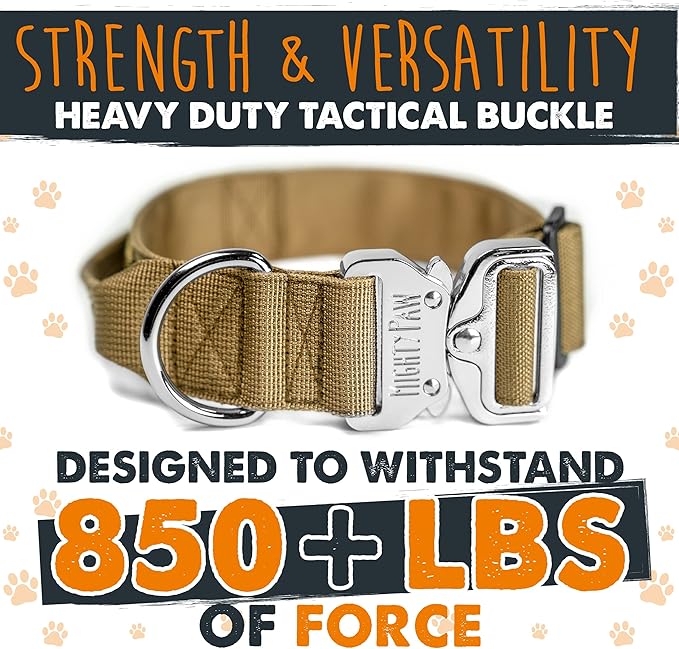 Mighty Paw Tactical Dog Collar - Heavy Duty with Metal Buckle and Control Handle - Weatherproof Polyester Material - Sturdy Metal Dog Collars - Dog Collar for All Dog Breeds - Heavy Dog Collar - Tan
