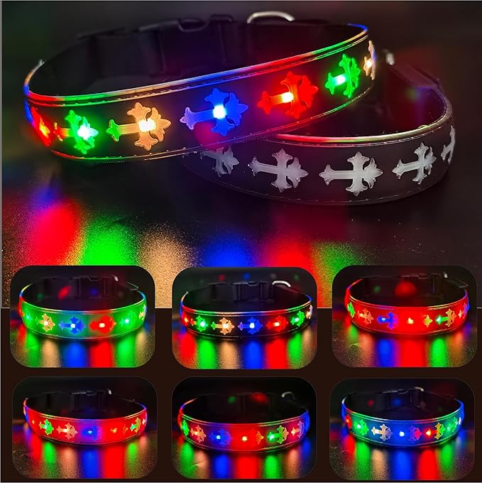 LED Dog Collar with ID Tag Set, Glowing Cross Pattern, Multiple Colors, Silicone Material (Black Pro, L(15.7-19.7"))