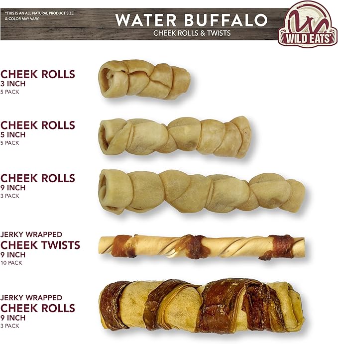 Wild Eats Water Buffalo 3" No-Hide Cheek Roll Dog Chews - 5 Pack (Long Lasting Chews, Treats, Rawhide Free for Aggressive Chewers & Medium Dogs) Pig Ears Alternative, Low Fat, High Protein
