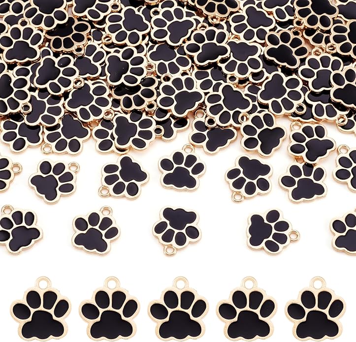 Crafans 100Pcs Enamel Paw Prints Dog Collar Charms Alloy Animal Cat Necklace Charms Puppy Footprint Dog Pendants for Crafts DIY Jewelry Making Supplies 17.5x16mm Black