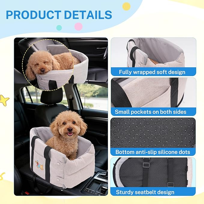 Cozy Center Console Dog Car Seat for Small Dogs - Portable Pet Car Seat with Safety Belt, Soft Cushion & Cooling Mat & Non-Slip Base, Perfect for Pets Under 11 lbs (Beige with Dachshund Pattern)