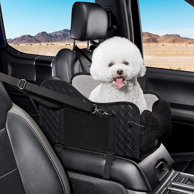 Center Console Dog Car Seat,Pet Puppy Car Seat,Middle Console Dog Armrest Booster Seat for Small Dogs(Leather Black)