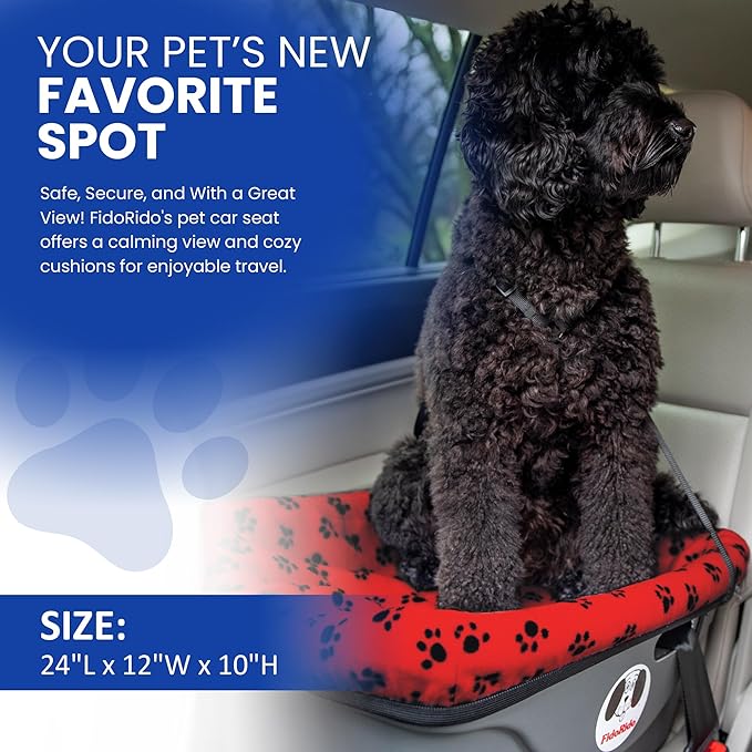 FidoRido Dog Car Seat - Pet Booster Seat for Small to Large Dogs with Comfortable Cushions, Sherpa Cover, and Safety Straps, Easy to Install, Ideal for Travel, Red, Black Paw Prints - Medium Harness