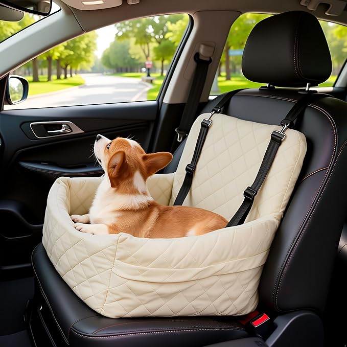 Dog Car Seats for Small Dogs, Memory Foam Dog Car Seat Medium Sized Dogs, Pet Cars Seats for Under 35lbs, Detachable Washable Pet Bag with Storage Pockets & 2 Safety Belts, Easy to Install (Beige)